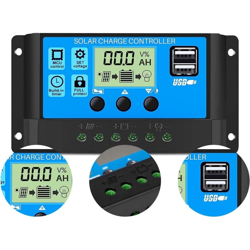 foto del prodotto regolatore di carica solare pwm 30a 12v 24v caricabatterie solare regolatore intelligente del pannello solare con doppia porta usb da 5 v timer luce