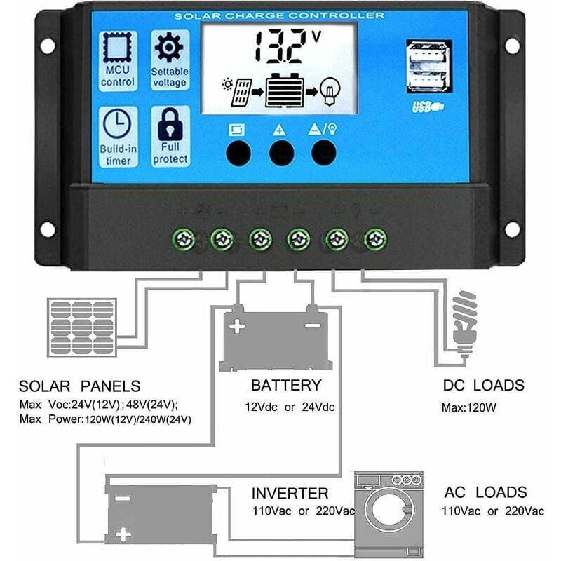 foto del prodotto regolatore di carica solare regolatore del pannello solare regolatore 12v 24v con usb 10a