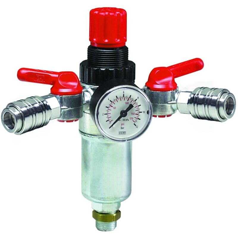 foto del prodotto regolatore di pressione con manometro, filtro, 2xraccordo universale, raccordo 3 8 m, press. max 12 bar, portata 180 l min. ideale per montaggio su