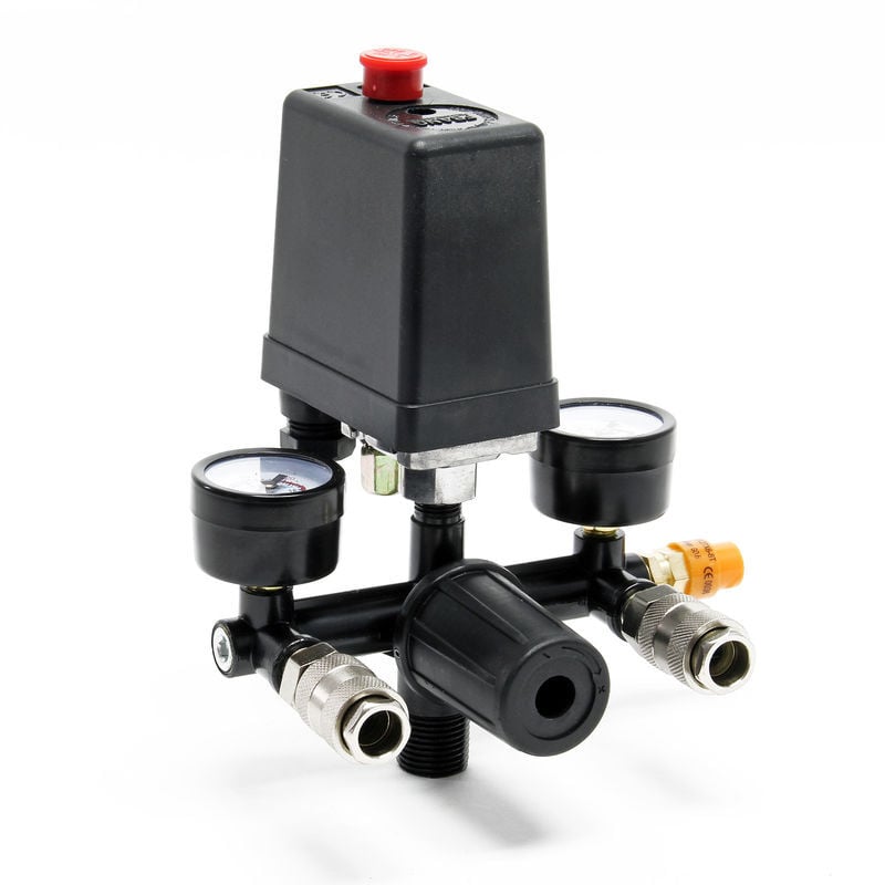 foto del prodotto regolatore di pressione con pressostato per compressore e 2 display manometri