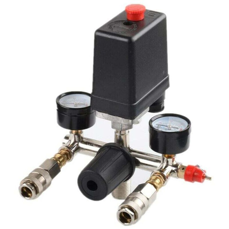 foto del prodotto regolatore di pressione con pressostato per compressore pressostato 2 display, monoblocco, nero