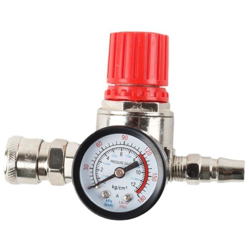 foto del prodotto regolatore di pressione, valvola di controllo, manometro, con connettore maschio femmina, set di raccordi per valvola di sicurezza per compressore
