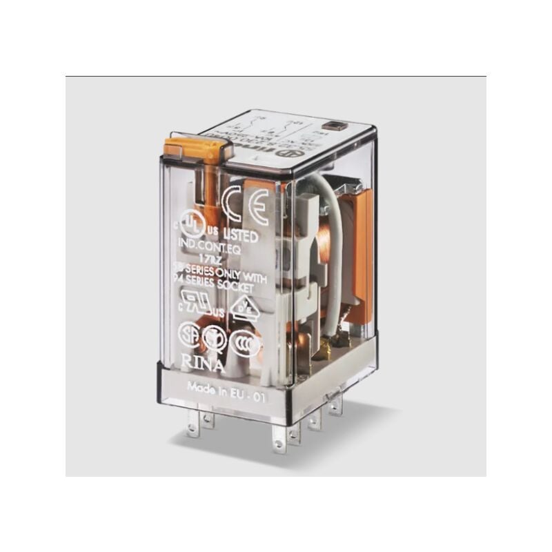 foto del prodotto rel 24v dc, 10a, 2 scambi, led, pulsante di test, agni serie 55.32 finder 553290240094