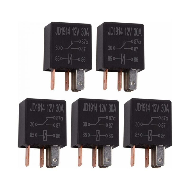 foto del prodotto rel 5 pin 12v 30a, rel multiuso spdt, rel standard per impieghi gravosi 5 pin 12vdc, rel per auto 5 pezzi