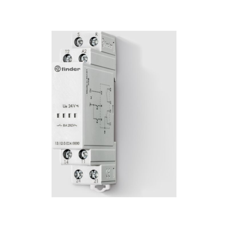 foto del prodotto rel elettronico bistabile 1 scambio e 1 no, 8 a 12 v ac dc, montaggio su barra din 35 mm finder 131200120000