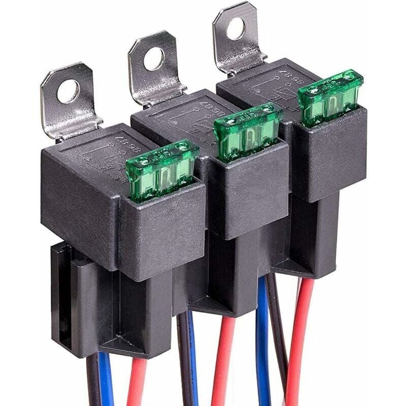 foto del prodotto rel per auto da 12 v, 3 pin spst con fusibili a lama ato atc 30 a, normalmente aperto per auto, presa con fili 14 awg 16 awg