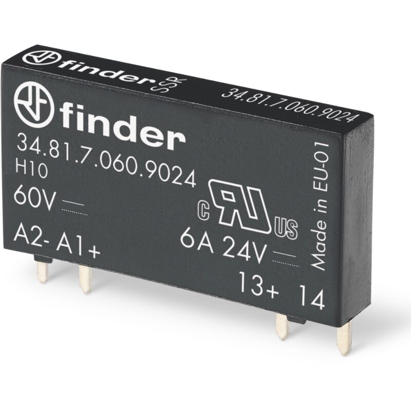 foto del prodotto rel slim a stato solido, 60vdc, spst no, 6 a, tensione di commutazione 24vdc, foro passante tht , serie 34.81 finder 34.81.7.060.9024