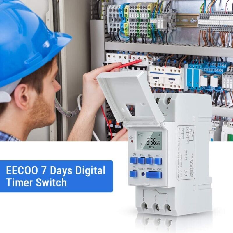 foto del prodotto rel temporizzatore ac 220v 15a con display lcd digitale, montaggio su guida, programmabile, industriale, 16 gruppi, interruttore per timer