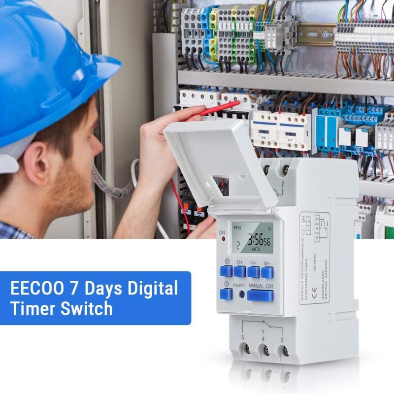 foto del prodotto rel temporizzatore ac 220v 15a con display lcd digitale, montaggio su guida, programmabile, industriale, 16 gruppi, interruttore per timer