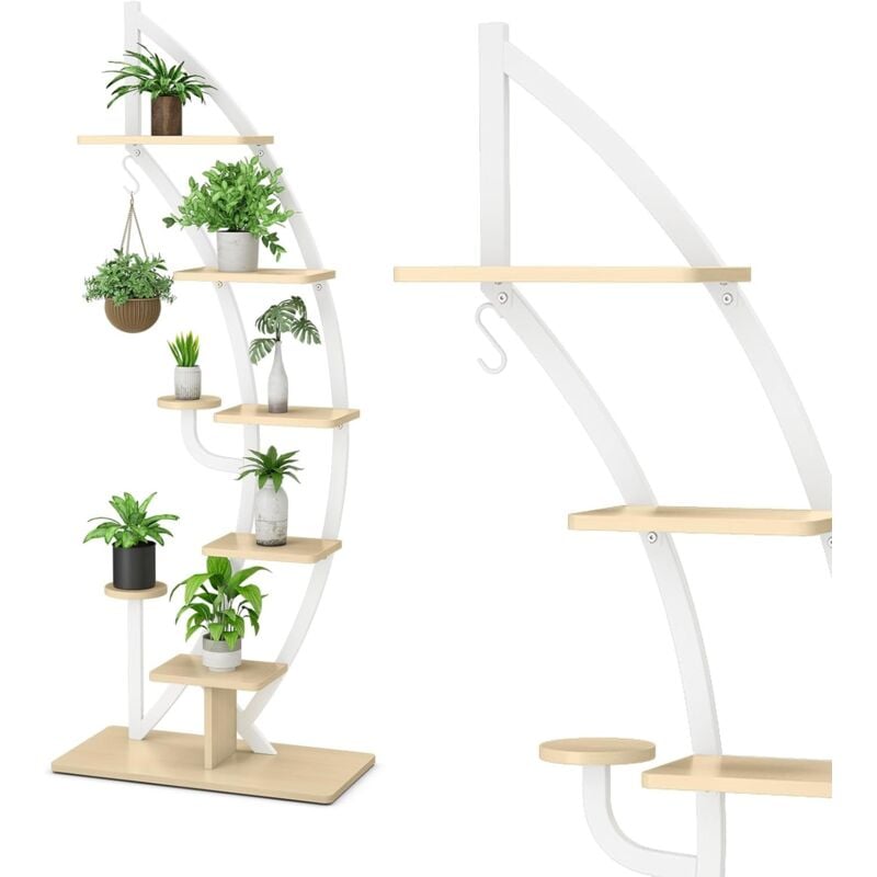 foto del prodotto relax4life 2 in 1 scaffale decoratico per piante a 7 livelli, portafiori a mezzaluna in legno e ferro, porta piante per interno ed esterno 1