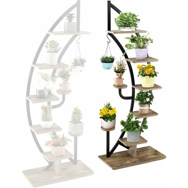 foto del prodotto relax4life 2 in 1 scaffale decoratico per piante a 7 livelli, portafiori a mezzaluna in legno e ferro, porta piante per interno ed esterno 1