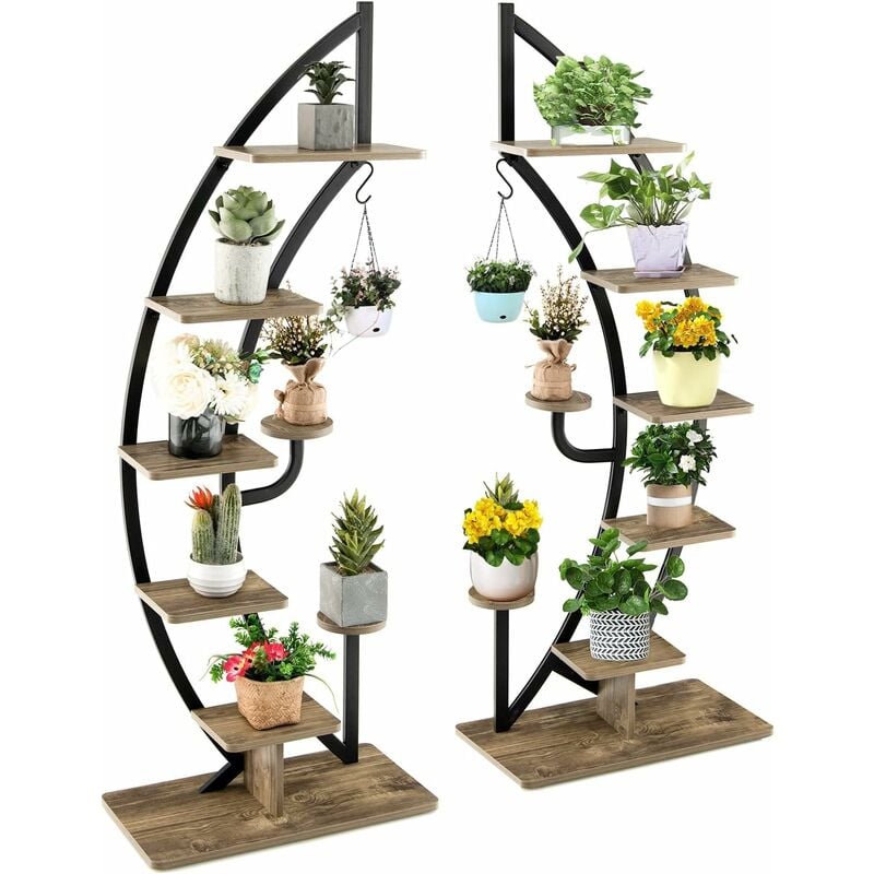 foto del prodotto relax4life 2 in 1 scaffale decoratico per piante a 7 livelli, portafiori a mezzaluna in legno e ferro, porta piante per interno ed esterno 2
