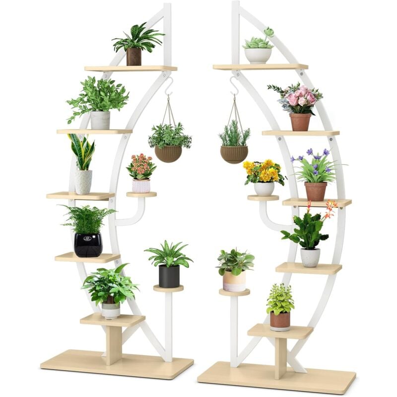 foto del prodotto relax4life 2 in 1 scaffale decoratico per piante a 7 livelli, portafiori a mezzaluna in legno e ferro, porta piante per interno ed esterno 2