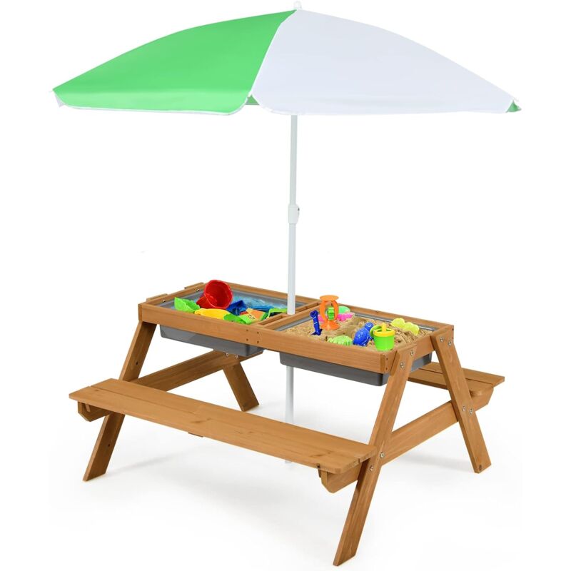 foto del prodotto relax4life 3 in 1 set tavolo e sedie da giardino per bambini, tavolo da picnic con ombrellone e 2 vaschette, tavolino e panche da esterno per