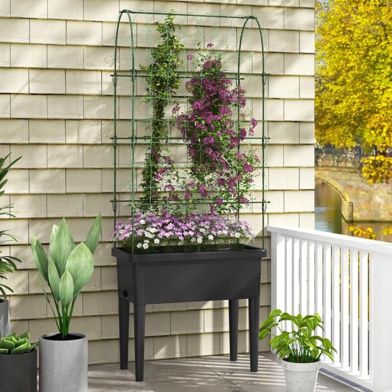 foto del prodotto relax4life 35l letto da giardino rialzato, vaso auto irrigante con grigliato a forma di u, gambe staccabili, fioriera rialzata con traliccio per