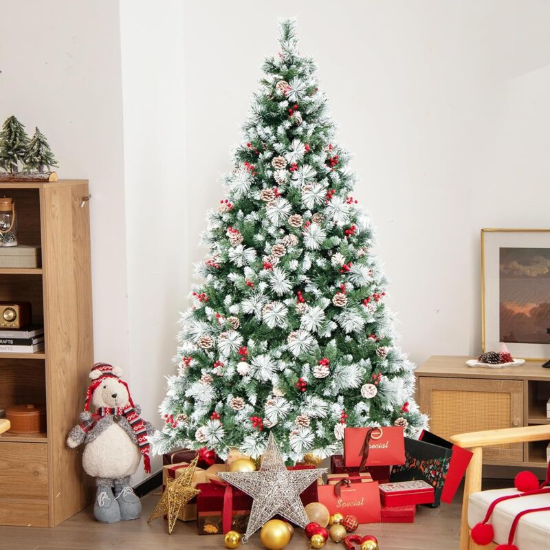 foto del prodotto relax4life albero di natale 180 210cm, albero di natale con luci incorporate, pigne e bacche rosse e supporto in metallo, ideale per casa e negozio