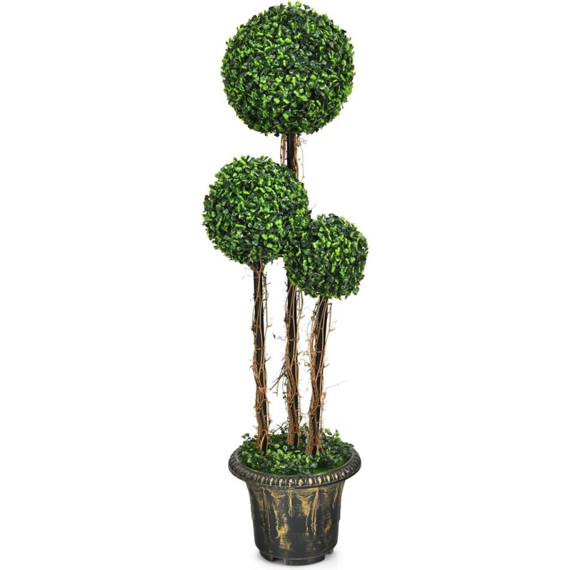 foto del prodotto relax4life albero topiaria artificiale da 115 cm con 3 sfere, vaso incluso, design realistico, foglie sempreverdi protezione uv e acqua, per