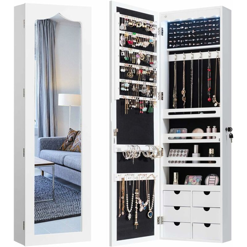 foto del prodotto relax4life armadietto per gioielli, armadio portagioielli con 5 luci automatiche, per orecchini, cosmetici e bracciali, montaggio a porta e a