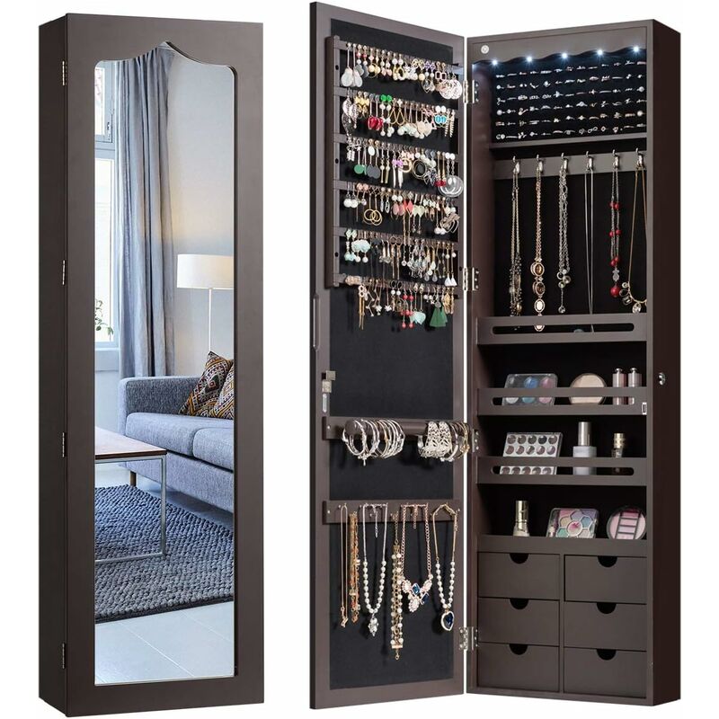 foto del prodotto relax4life armadietto per gioielli, armadio portagioielli con 5 luci automatiche, per orecchini, cosmetici e bracciali, montaggio a porta e a