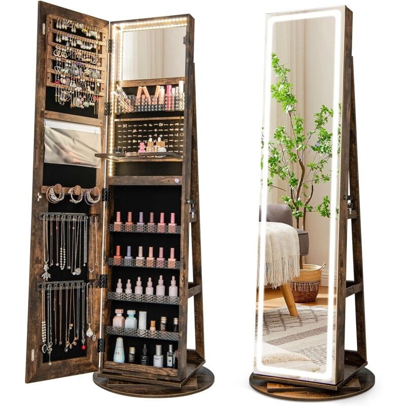 foto del prodotto relax4life armadietto portagioie con base girevole a 360 , specchio da terra con luci led luminosa. specchio a figura intera, organizzatore per