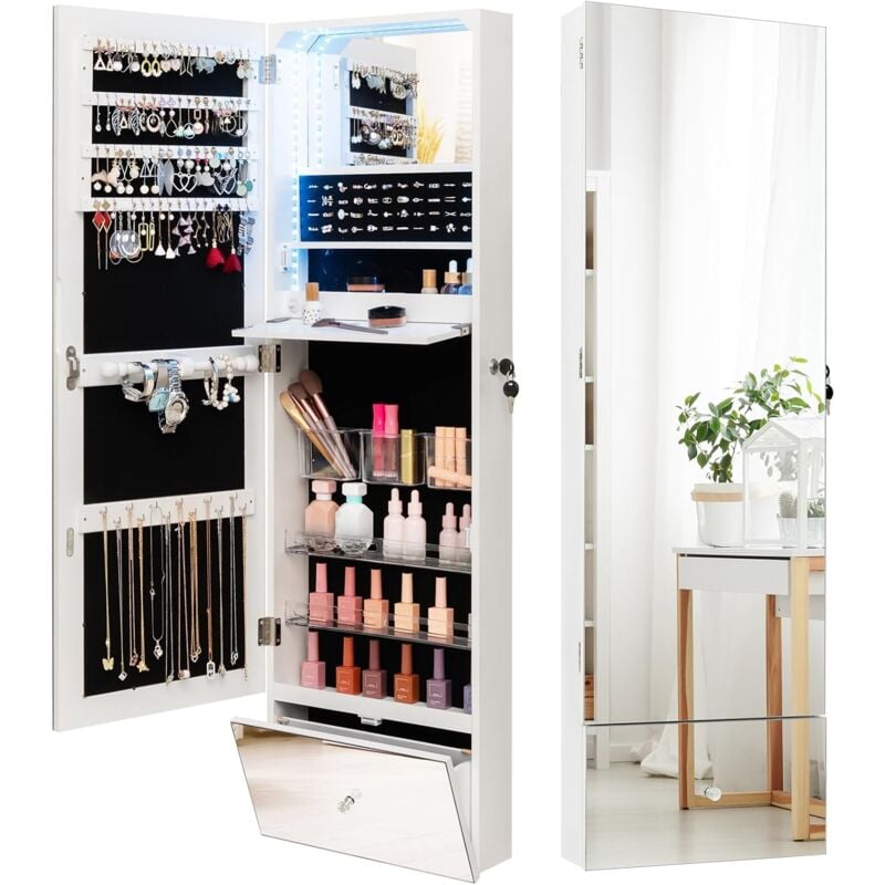 foto del prodotto relax4life armadietto portagioie con luci led, specchio portagioie da parete, armadietto porta gioielli con chiusura, specchiera organizzatore per