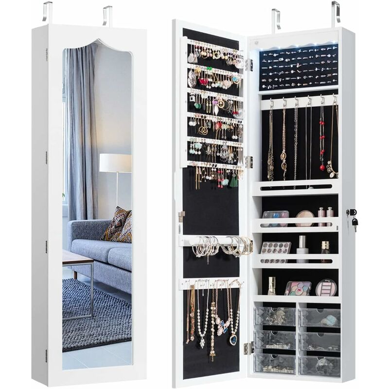 foto del prodotto relax4life armadietto portagioie da porta parete con led, organizer capiente a scomparti per gioielli e accessori, anta con specchio a figura