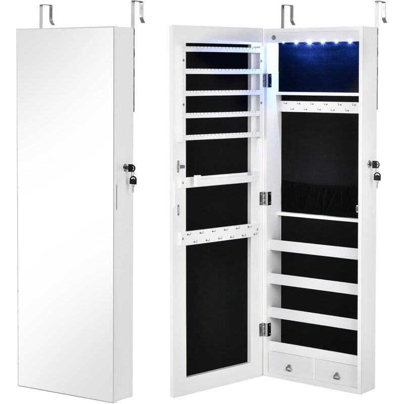 foto del prodotto relax4life armadietto portagioie da porta parete, organizer capiente a scomparti con 6 luci led per gioielli e accessori, specchio a figura intera