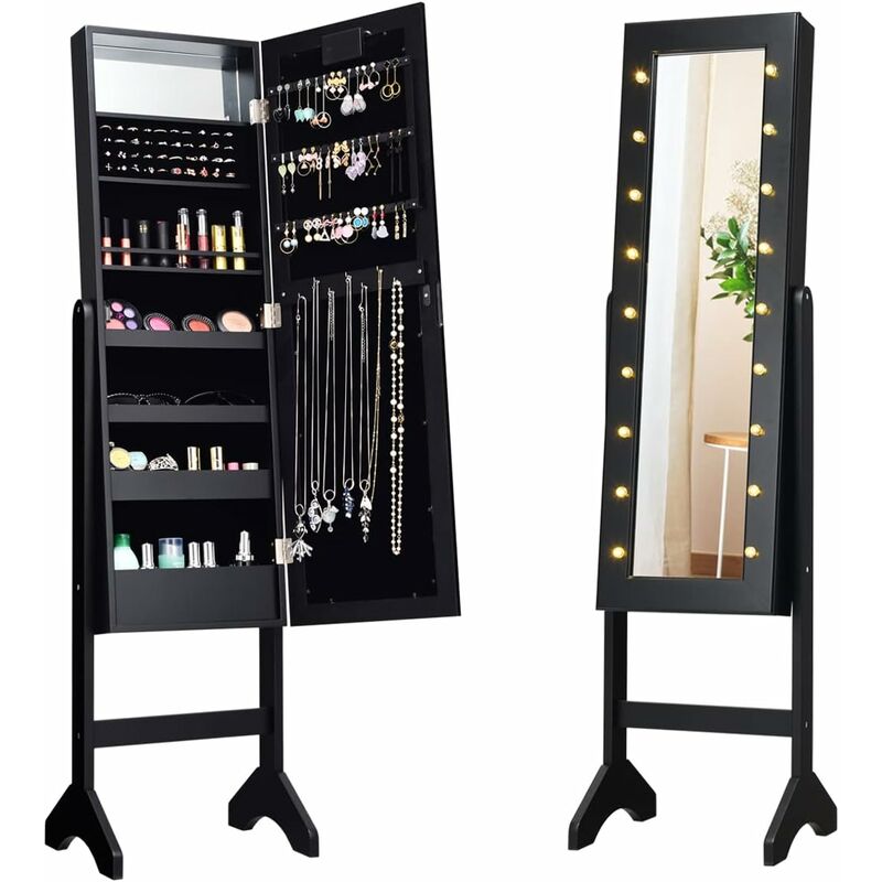 foto del prodotto relax4life armadietto portagioie da terra con supporto, organizer girevole per gioielli e accessori, specchio nitido a figura intera con led,
