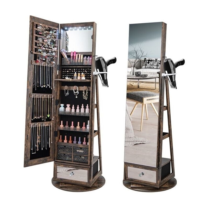 foto del prodotto relax4life armadietto portagioie led con base girevole e supporto per asciugacapelli, specchio da terra con organizzatore per gioielli e accessori