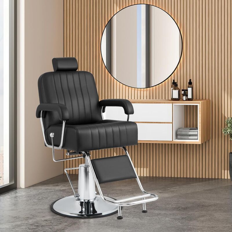 foto del prodotto relax4life barberpub poltrona da parrucchiere girevole, poltrona da barbiere con poggiatesta regolabile e schienale reclinabile, portata 150 kg,