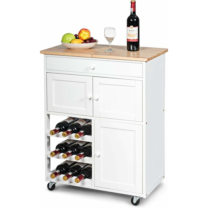 foto del prodotto relax4life carrello da cucina con rotelle in legno con cassetto, 3 portabottiglie e 3 ante, armadio di stoccaggio per ristorante, cucina, sala da