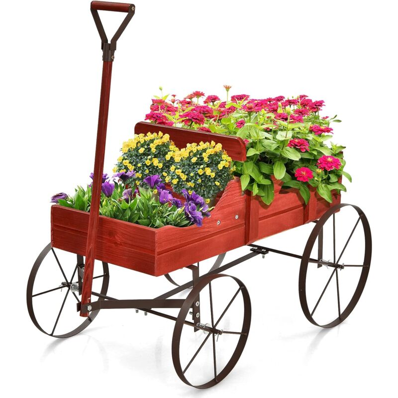 foto del prodotto relax4life carriola porta fiori carrello dei fiori fioriera in legno di abete con ruote scorrevoli e maniglia a spinta regolabile e portata di 15 kg,