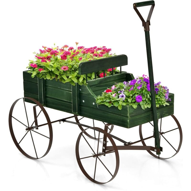foto del prodotto relax4life carriola porta fiori carrello dei fiori fioriera in legno di abete con ruote scorrevoli e maniglia a spinta regolabile e portata di 15 kg,