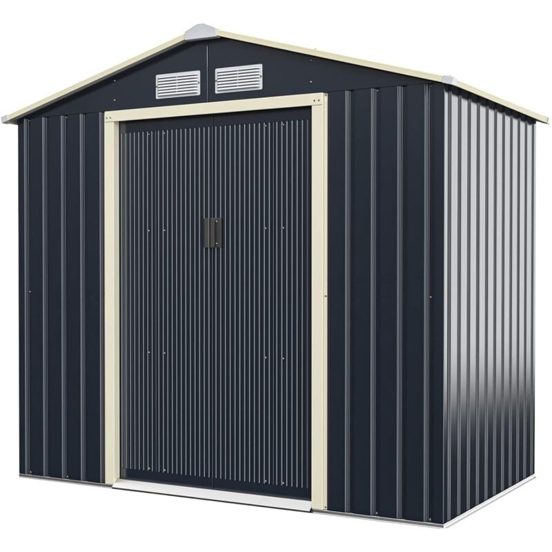 foto del prodotto relax4life casetta da giardino per attrezzi 213,5 x127 x194,5cm, capanno in lamiera dacciaio con tetto inclinato, ripostiglio per attrezzi con porte