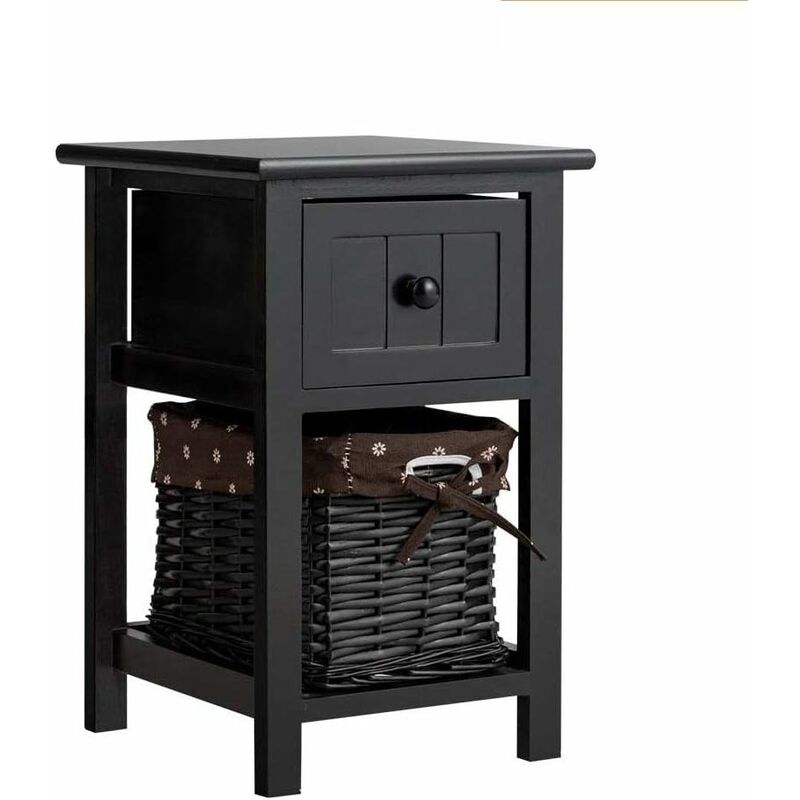 foto del prodotto relax4life comodino con cassetto e cestello di vimini, classico e semplice, aspetto elegante, tavolino stabile in legno, mini armadietto