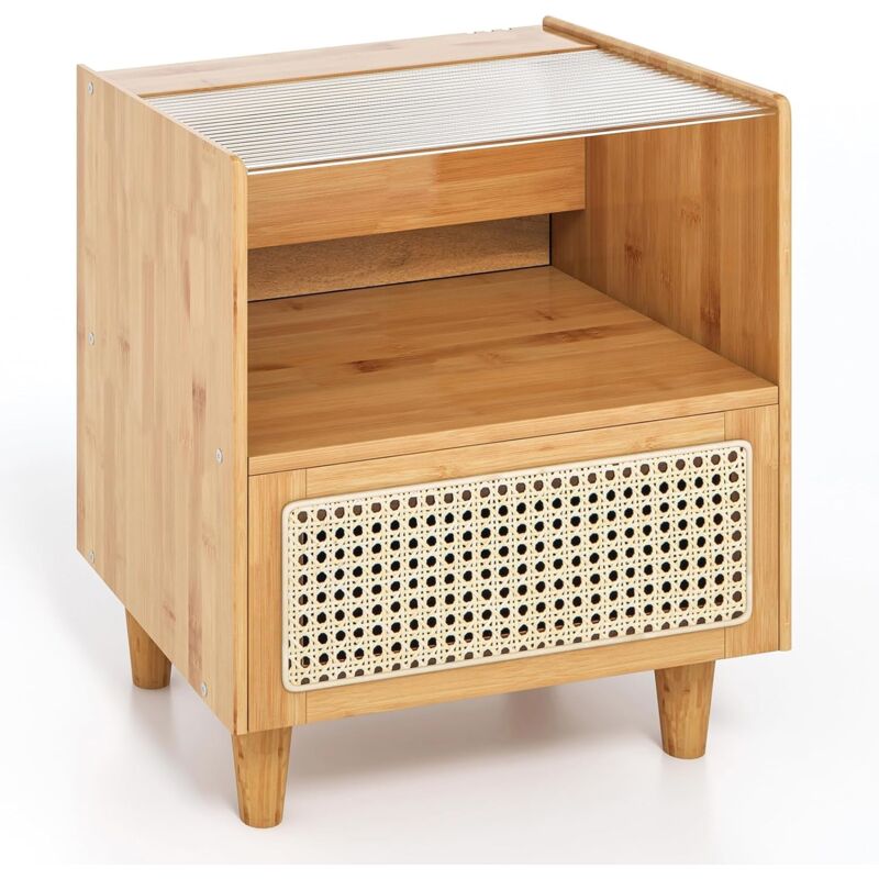 foto del prodotto relax4life comodino in bamb , tavolino con cassetto in rattan, stile scandinavo, com mobiletti arredo per camera da letto, soggiorno, 43 x 35 x 50