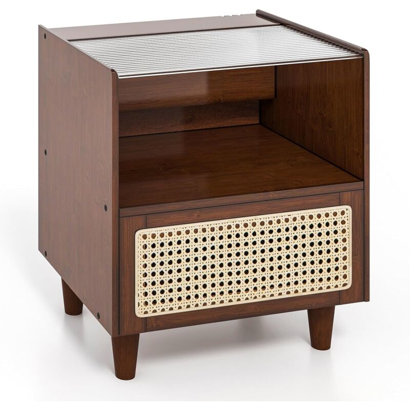 foto del prodotto relax4life comodino in bamb , tavolino con cassetto in rattan, stile scandinavo, com mobiletti arredo per camera da letto, soggiorno, 43 x 35 x 50