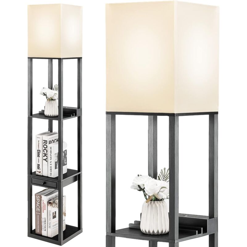 foto del prodotto relax4life lampada a piantana da terra con 1 cassetto,3 ripiani, 3 mensole, lampadina 5000k led con luci regolabili, porta usb 5v 2a,interruttore a