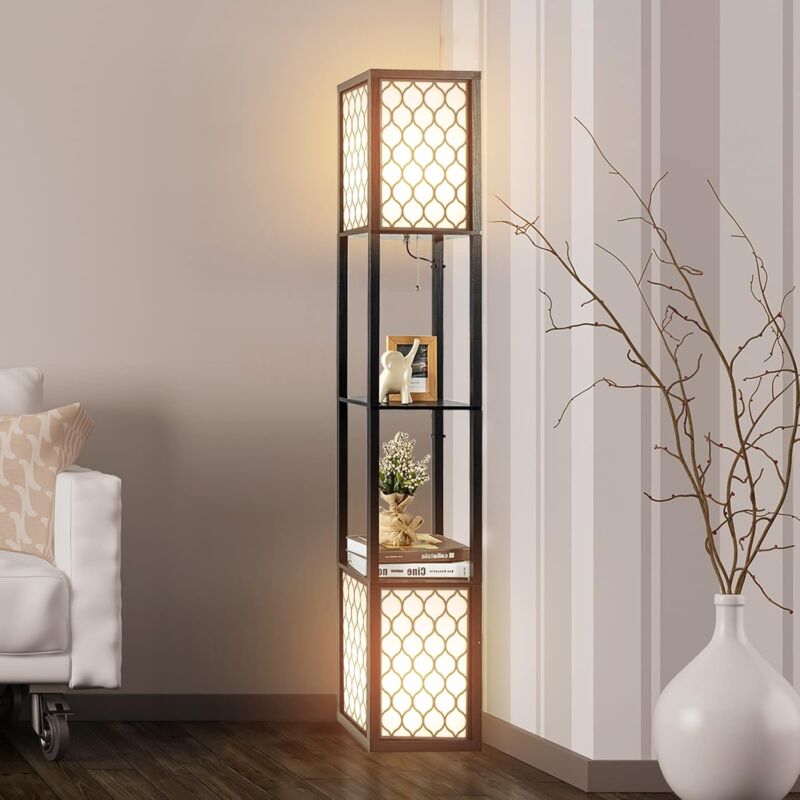 foto del prodotto relax4life lampada a piantana da terra in legno con 3 scomparti e base e27 per lampadina non inclusa , lampada a stelo moderna con ripiani aperti