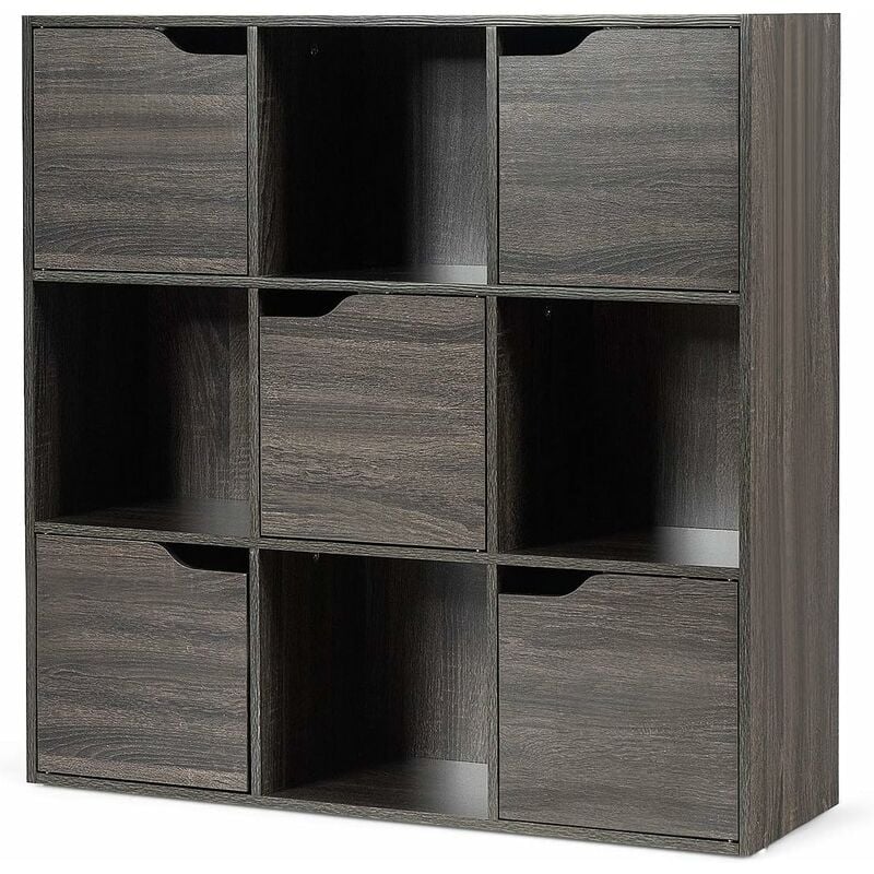 foto del prodotto relax4life libreria a 9 cubi con 5 ante, scaffale espositore in legno per decorazioni, armadio credenza moderna a 3 ripiani, 90 x 29 x 90 cm