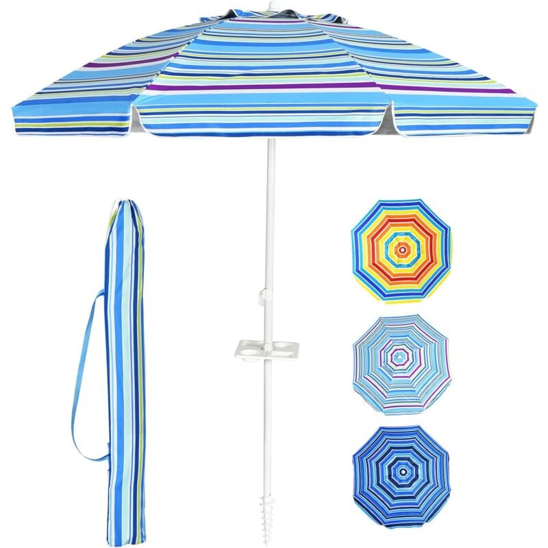 foto del prodotto relax4life ombrellone da spiaggia con vassoio, telo 220 cm anti raggi uv, ombrellone inclinabile a 8 stecche con air vent, porta bicchieri e snack,