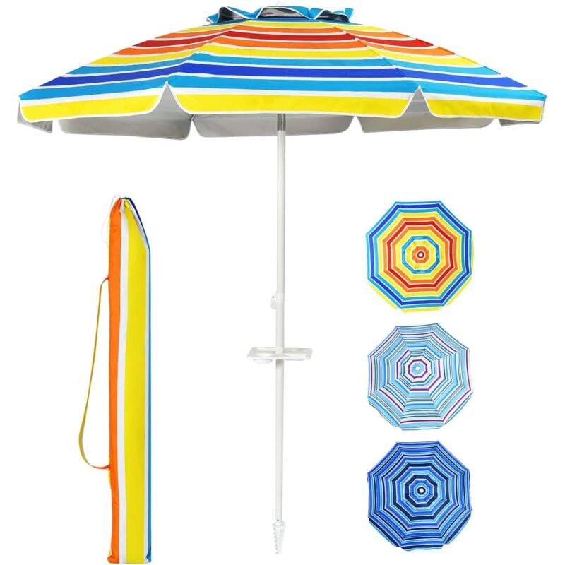 foto del prodotto relax4life ombrellone da spiaggia con vassoio, telo 220 cm anti raggi uv, ombrellone inclinabile a 8 stecche con air vent, porta bicchieri e snack,