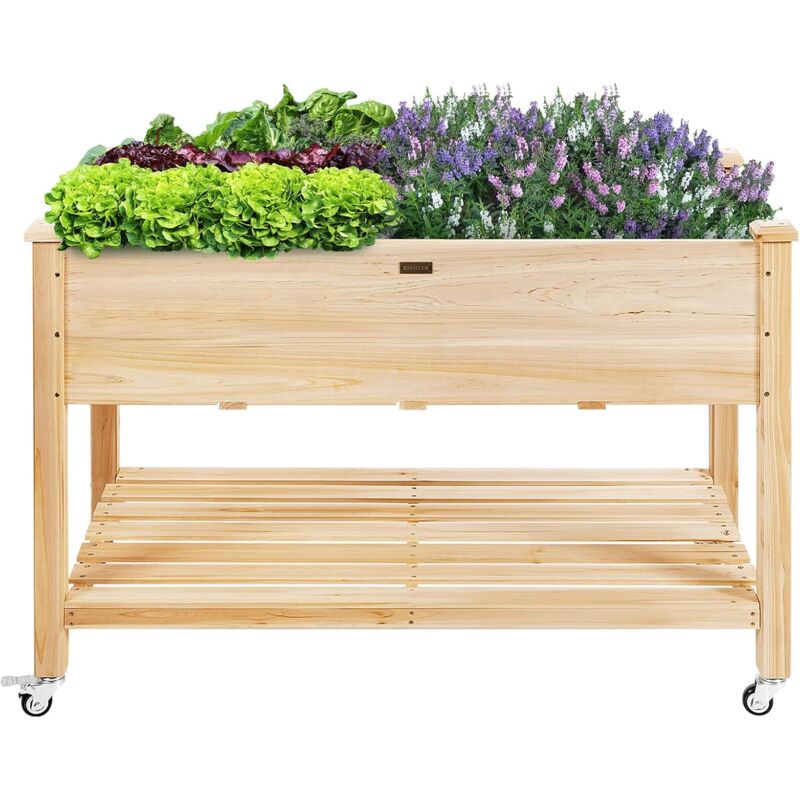 foto del prodotto relax4life orto rialzato da esterno in legno con ripiano portautensili e ruote, fioriera aiuola rialzata da giardino, fioriera da esterno per