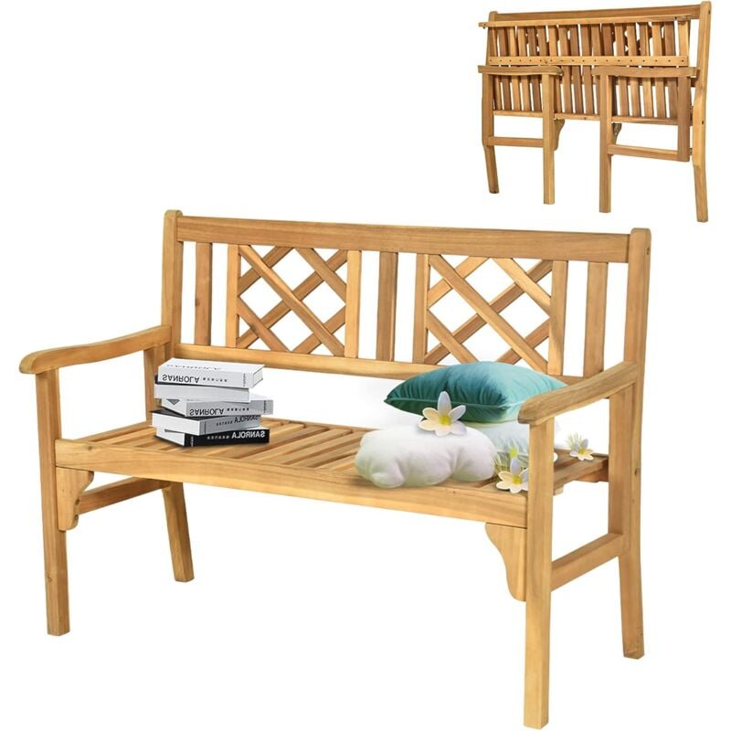 foto del prodotto relax4life panchina pieghevole da giardino, panchina a 2 posti in legno massello, panca decorativa con sedile ampio e schienale comodo, panca