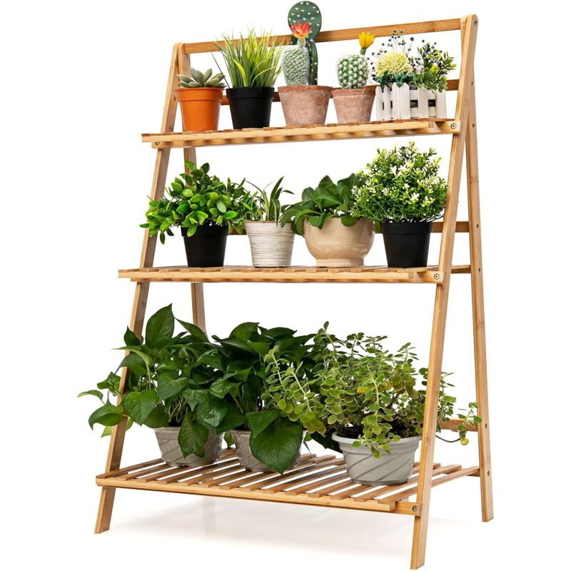 foto del prodotto relax4life scaffale per piante a 3 livelli pieghevole in bamb , scaletta per piante, per soggiorno, balcone, giardino, interno ed esterno, naturale