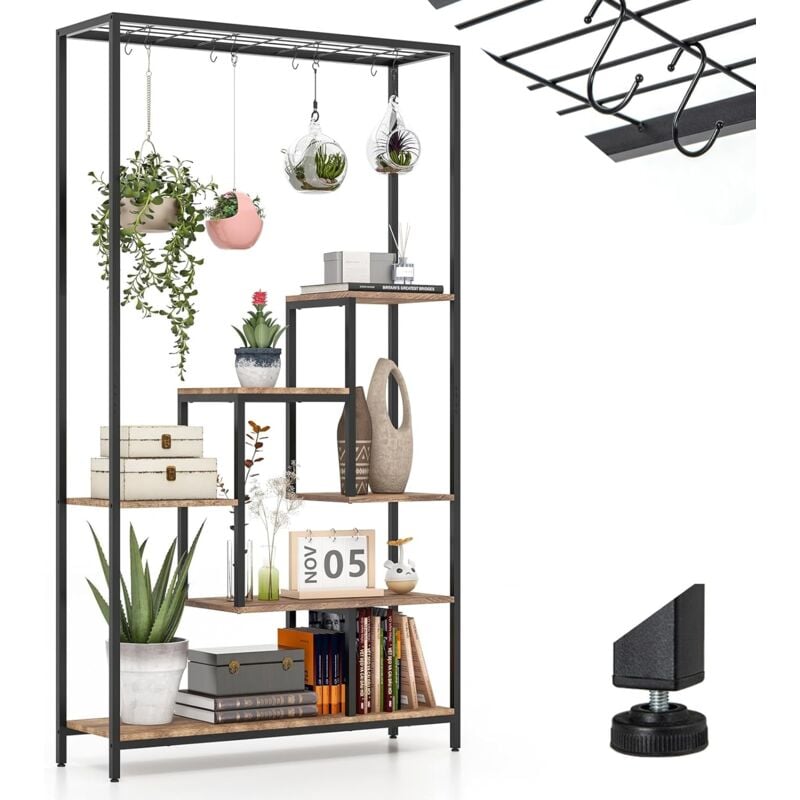 foto del prodotto relax4life scaffale per piante a 6 livelli, porta piante con 10 ganci, struttura in metallo e legno, porta vasi da esterno e interno per piante