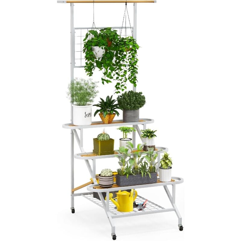foto del prodotto relax4life scaffale per piante con ruote, porta piante a 4 livelli con traliccio, struttura in metallo, fioriera per balcone giardino patio