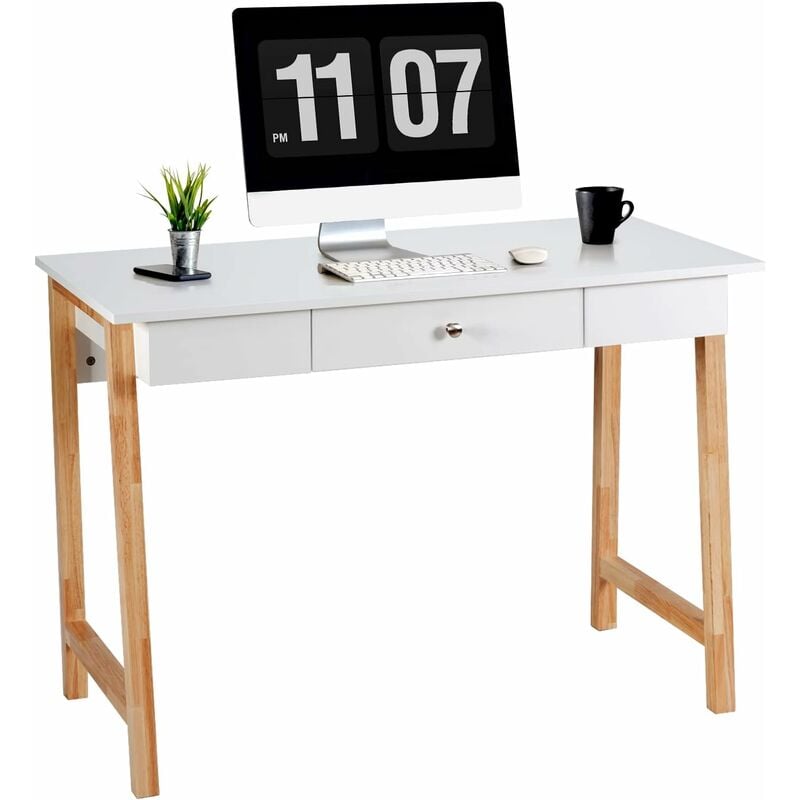 foto del prodotto relax4life scrivania design con cassetto, scrivania da computer e lavoro, struttura rinforzata con gambe in legno di gomma, scrivania nordica e