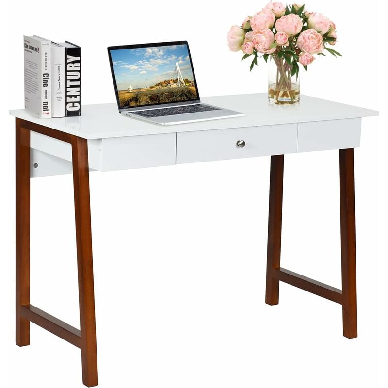 foto del prodotto relax4life scrivania design con cassetto, scrivania da computer e lavoro, struttura rinforzata con gambe in legno di gomma, scrivania nordica e