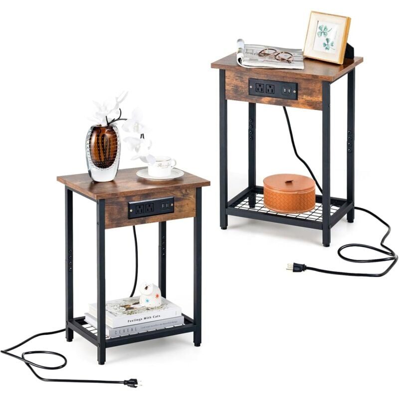 foto del prodotto relax4life set di 2 comodini con stazione di ricarica, tavolino stretto con porta usb e presa di corrente, telaio in metallo, mobiletto salvaspazio